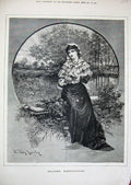 Original Old Antique Print 1881 Knowles Fine Art Lady Woman Flowers River Trees