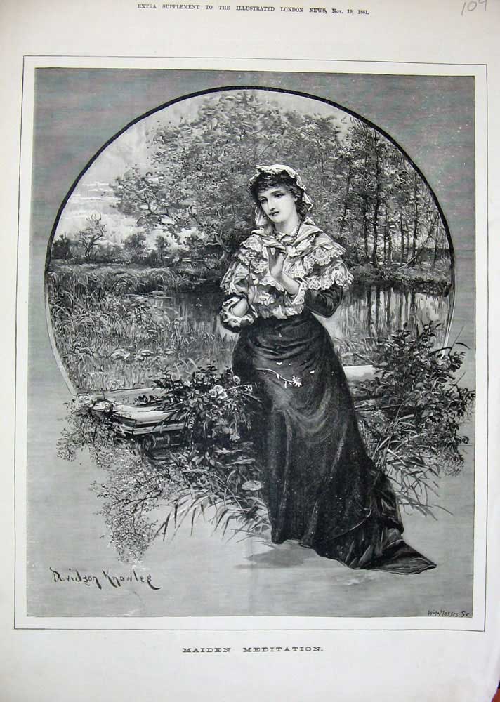 Original Old Antique Print 1881 Knowles Fine Art Lady Woman Flowers River Trees