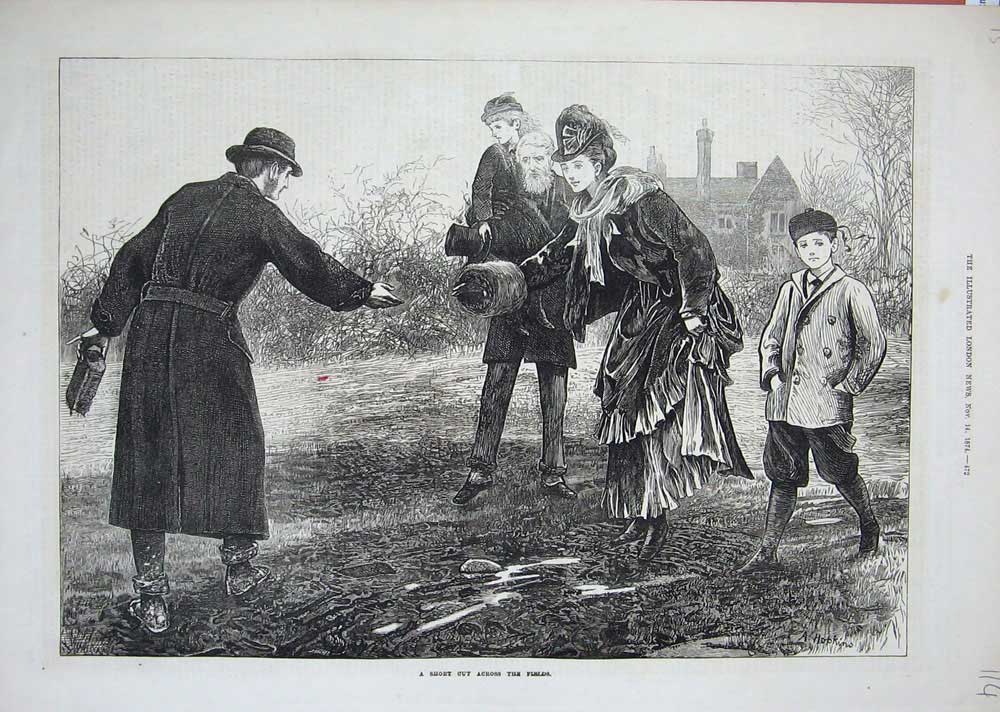 Original Old Antique Print 1874 Country People Muddy Field Hopkins Victorian