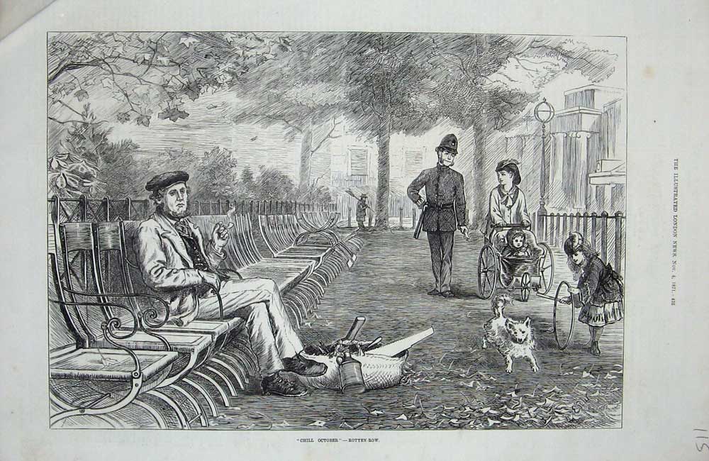 Old Antique Print 1871 Rotten-Row October Children Policeman Man Smoking 19th
