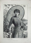 Original Old Antique Print 1880 Beautiful Lady Woman Garden Parasol Dress 19th