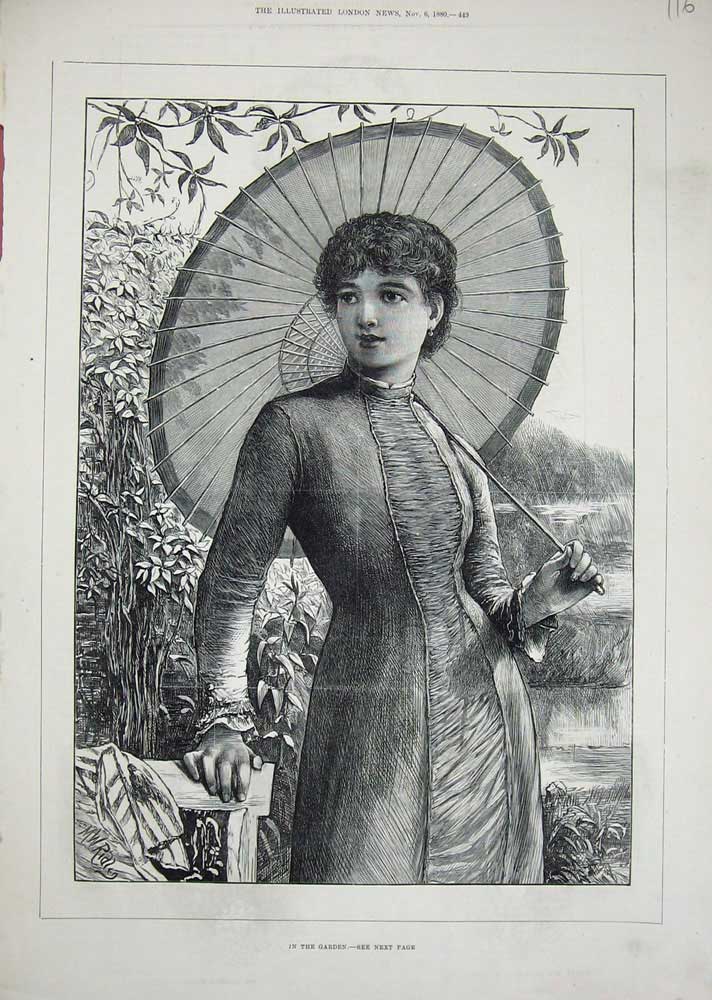 Original Old Antique Print 1880 Beautiful Lady Woman Garden Parasol Dress 19th