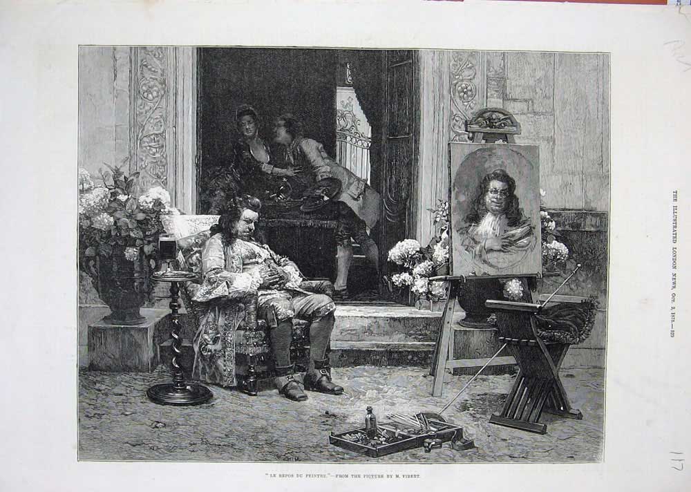 Old Antique Print 1875 Le Repos Du Peintre Man Portrait Painting Fine Art 19th