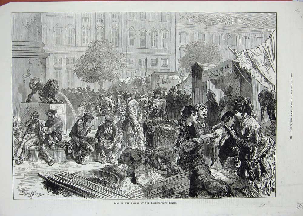 Original Old Antique Print 1874 Market Donhofs-Platz Berlin Germany Street Sale