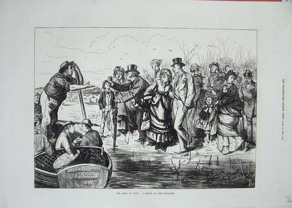 Original Old Antique Print 1871 April Boat Race Sport River People Victorian