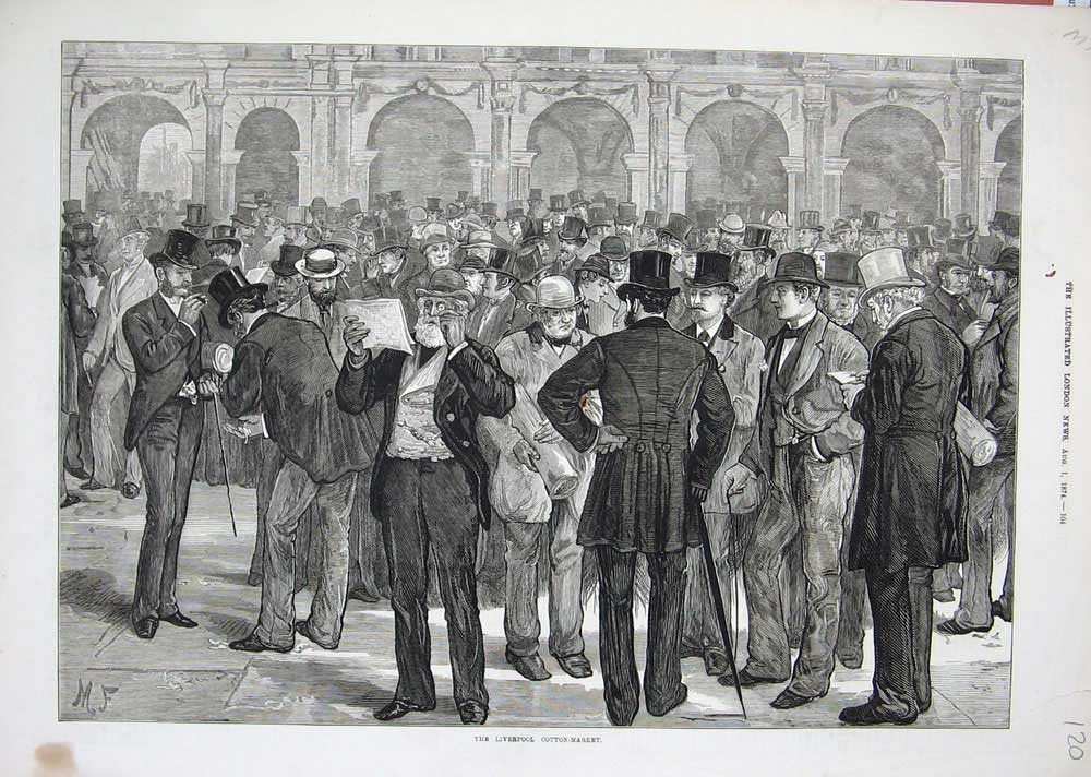 Original Old Antique Print 1874 Liverpool Cotton Market Men Meeting Fine Art