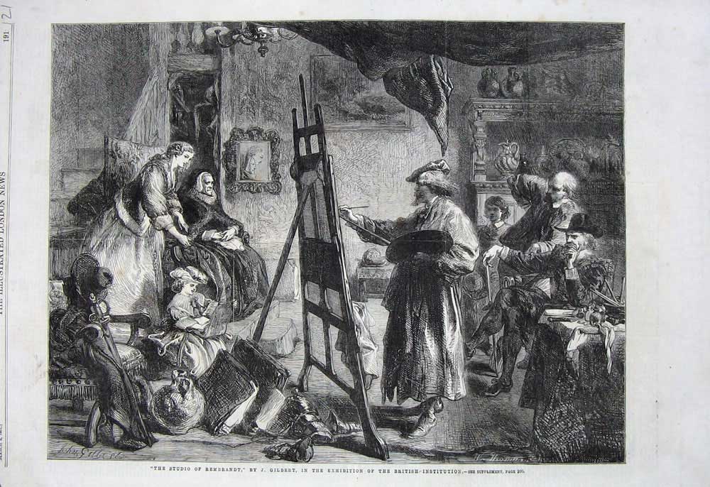 Original Old Antique Print Studio Rembrandt Art Painting Portrait 1861 Gilbert