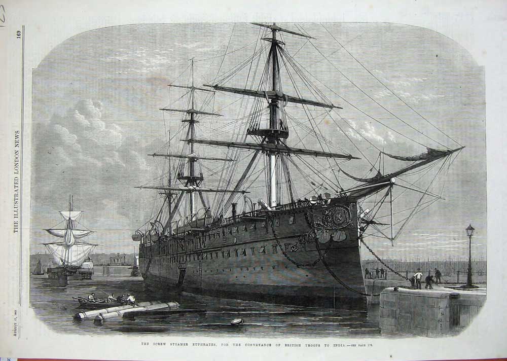 Old Antique Print 1867 Screw Steamer Euphrates British Troops India Art 19th