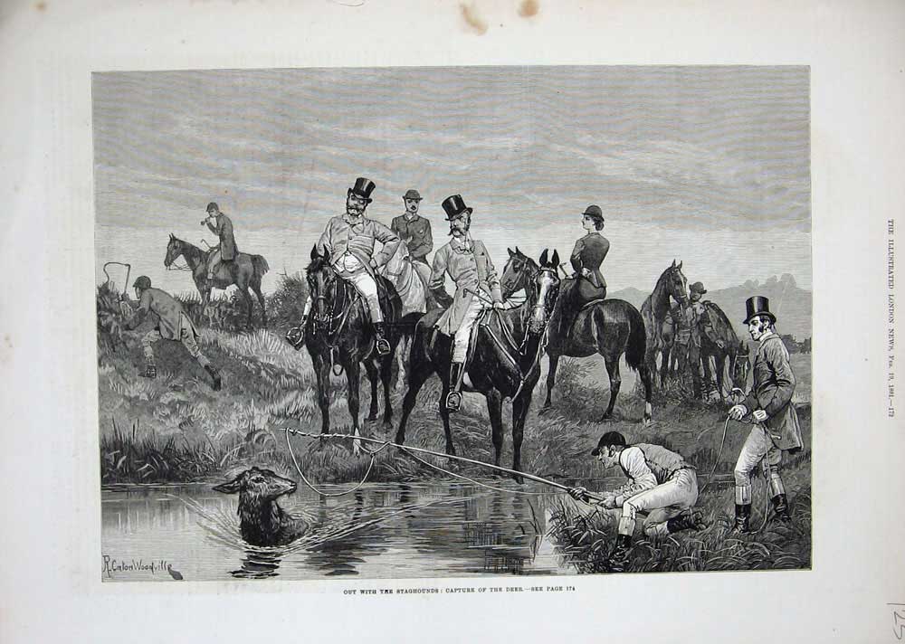 Old Antique Print Woodville Art 1881 Stag Hunting Deer Horses Men Sport 19th