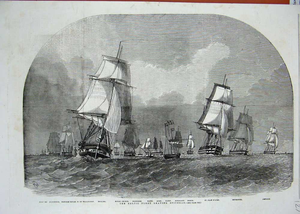 Original Old Antique Print 1854 Baltic Fleet Spithead Ships Ajax Fairy Tribune
