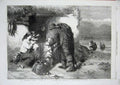 Original Old Antique Print Fisherman 1857 Pots Nets Family Home Beach Sea Hill