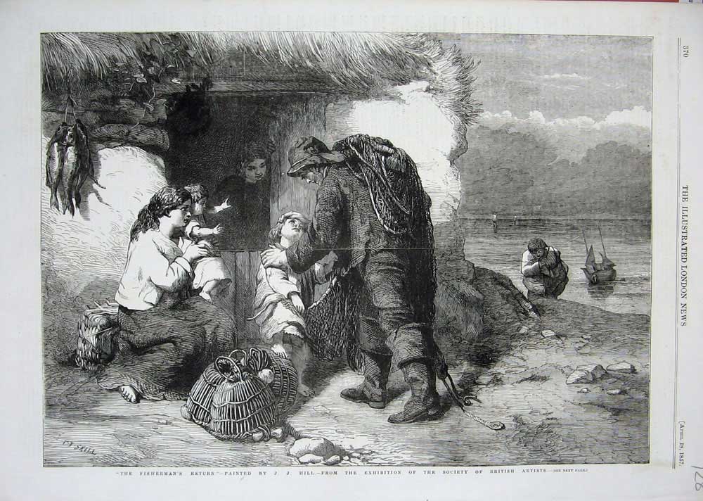 Original Old Antique Print Fisherman 1857 Pots Nets Family Home Beach Sea Hill