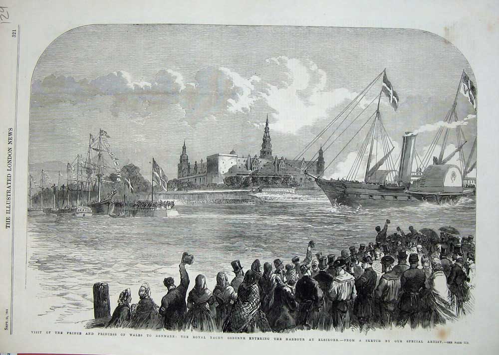 Old Antique Print 1864Prince Wales Denmark Yacht Osborne Elsinore Harbour 19th