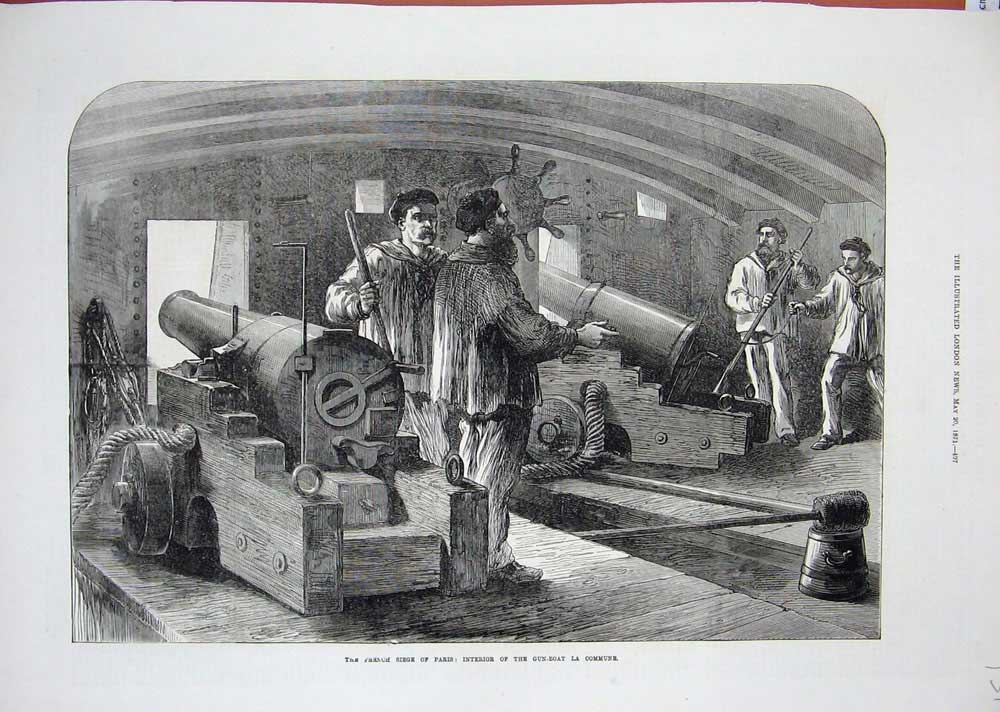 Old Antique Print 1871 French Siege Paris Gun Boat La Commune Navy Sailor 19th