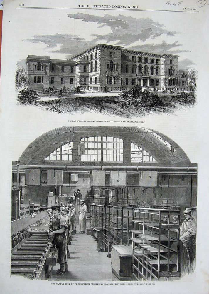 Original Old Antique Print 1861 Orphan School Haverstock Manufacture Candles