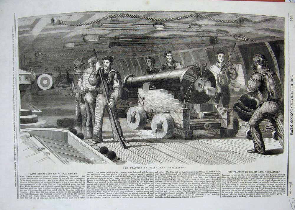 Old Antique Print Gun Practice H.M.S Brilliant Ship War Navy Sailors 1860 19th