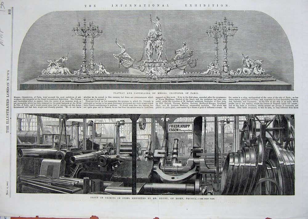 Old Antique Print 1862 Exhibition Steel Machinery Plateau Candelabra Art 19th