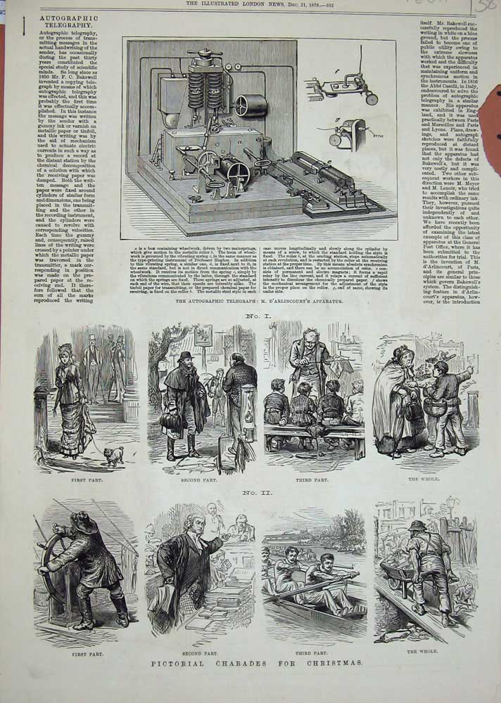 Original Old Antique Print 1878 Autographic Telegraph D'Arlincourt'S Apparatus