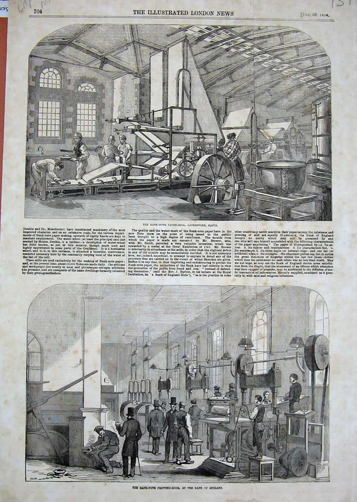 Original Old Antique Print 1854 Bank Note Paper Mill Ing Machinery England 19th