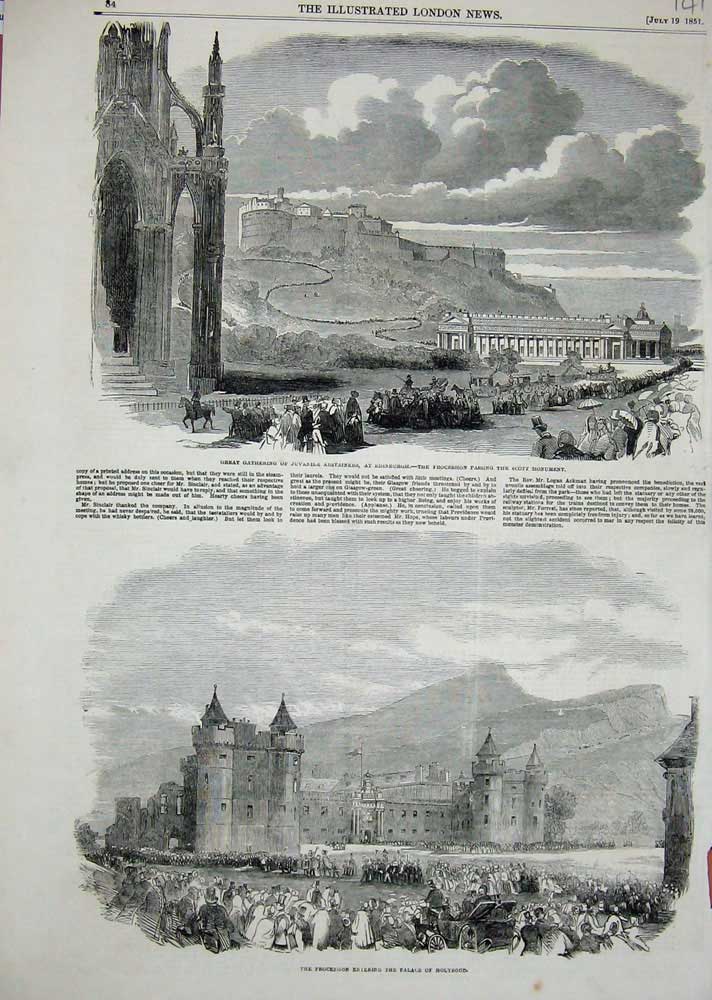 Old Antique Print Scott Monument Edinburgh Holyrood Palace 1851Abstainers 19th