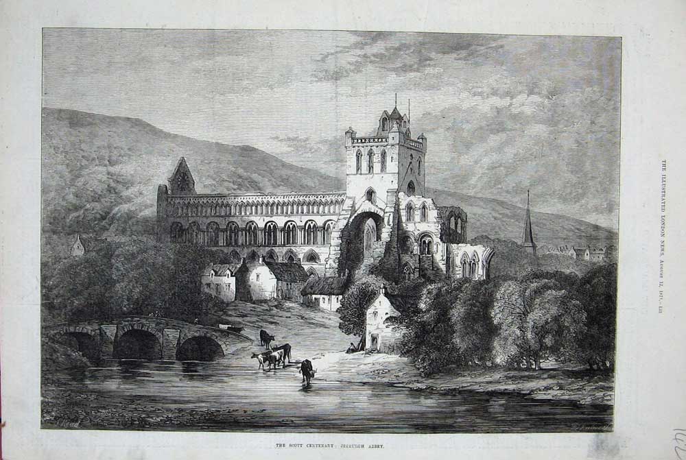 Original Old Antique Print 1871 Jedburgh Abbey Scott Centenary Architecture Art