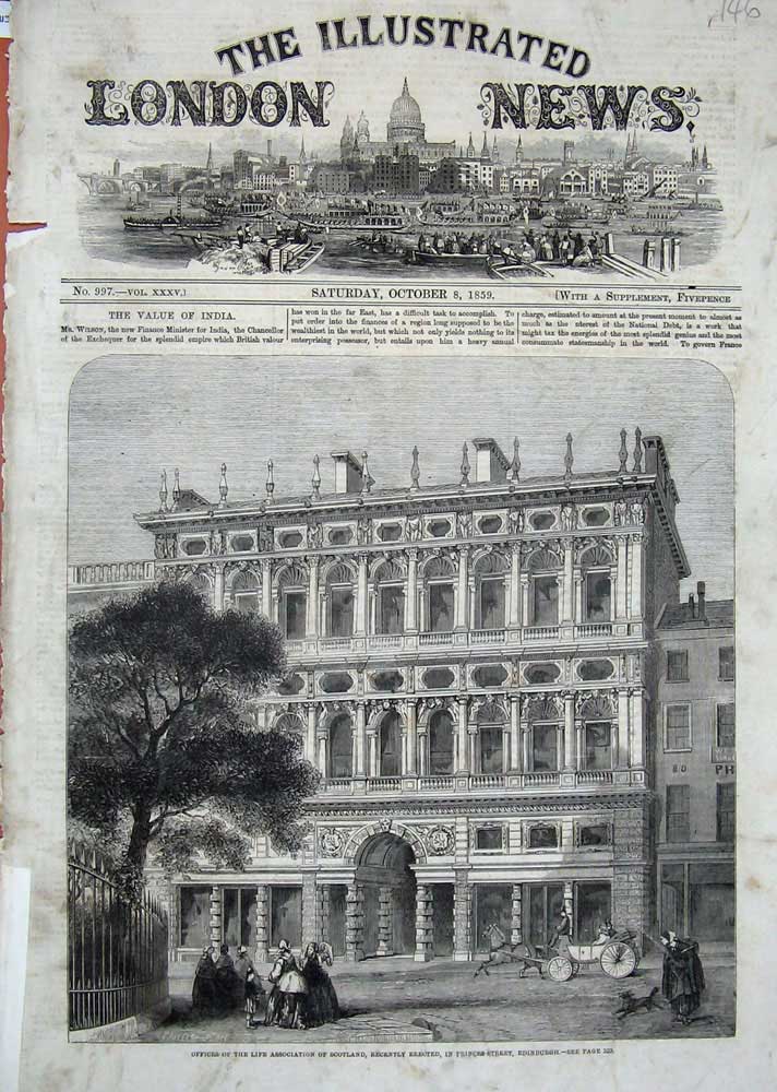 Original Old Antique Print 1859 Offices Association Scotland Princes Edinburgh