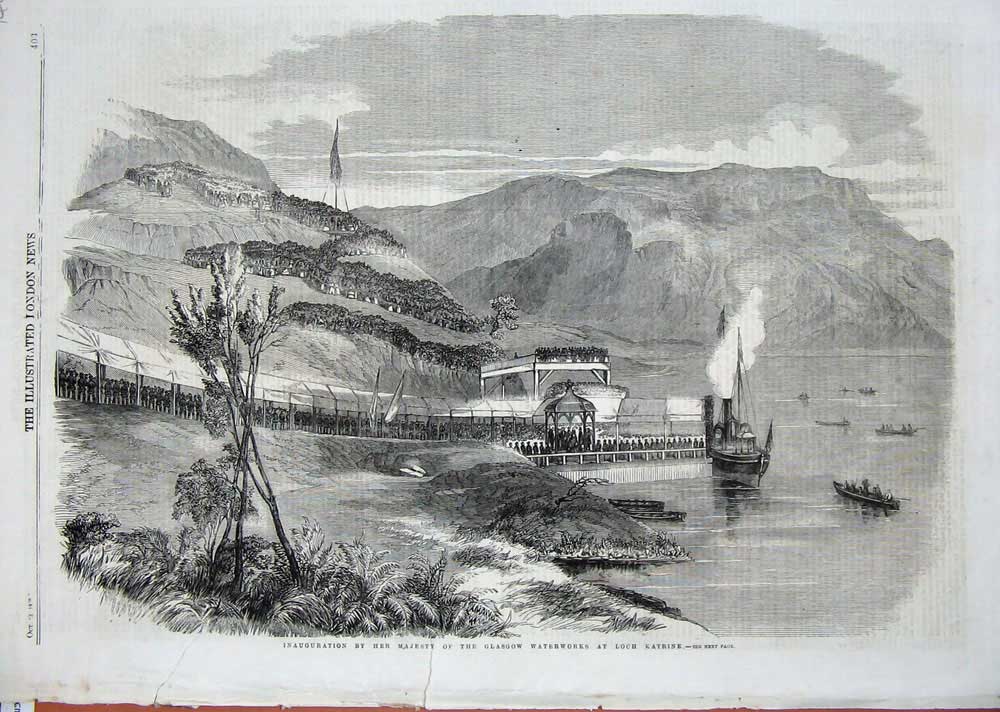 Old Antique Print Inauguration Queen Glasgow Waterworks Loch Katrine 1859 19th