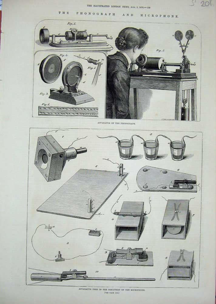 Original Old Antique Print 1878 Phonograph Microphone Apparatus Machinery 19th
