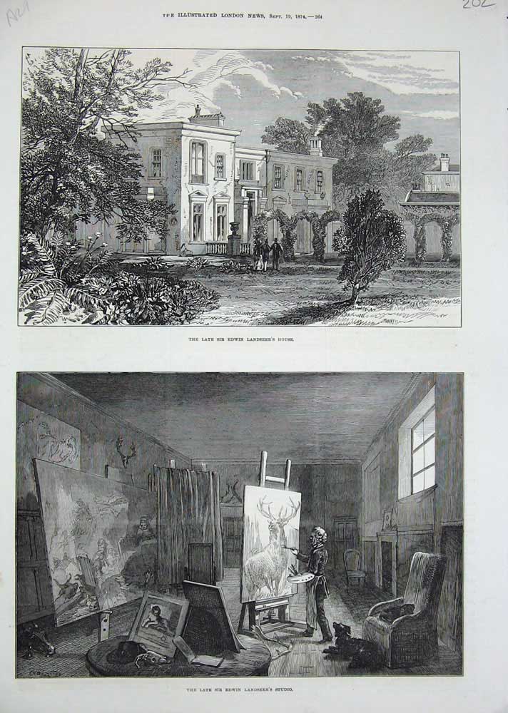 Old Antique Print 1874 Sir Edwin Landseer Art Studio House Architecture 19th