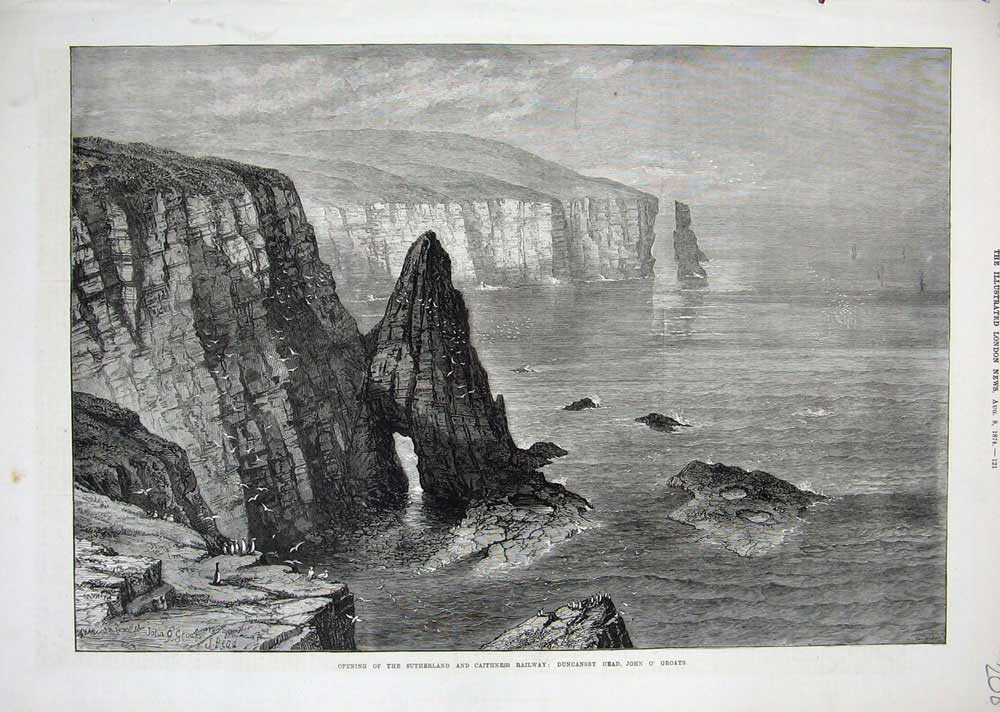Original Old Antique Print 1874 Fine Art Duncansby Head John 'Ogroats Scotland