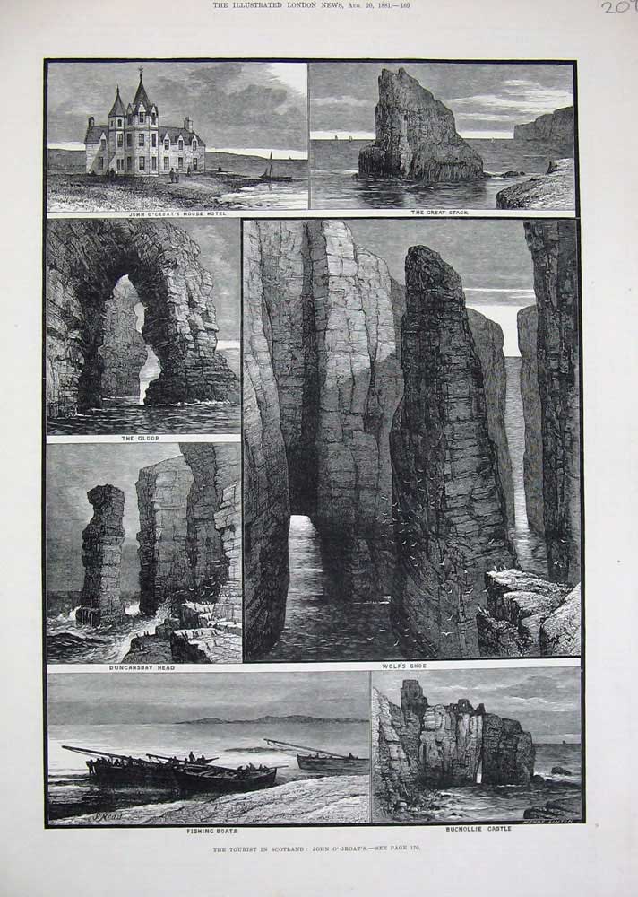 Original Old Antique Print 1881 John O'Groats Fishing Boats Duncansby Buchollie