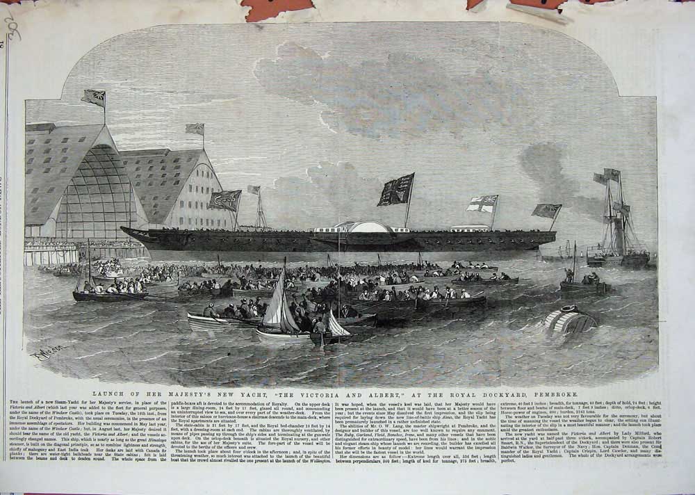 Old Antique Print 1855 Queen Ship Yacht Victoria Albert Dockyard Pembroke 19th