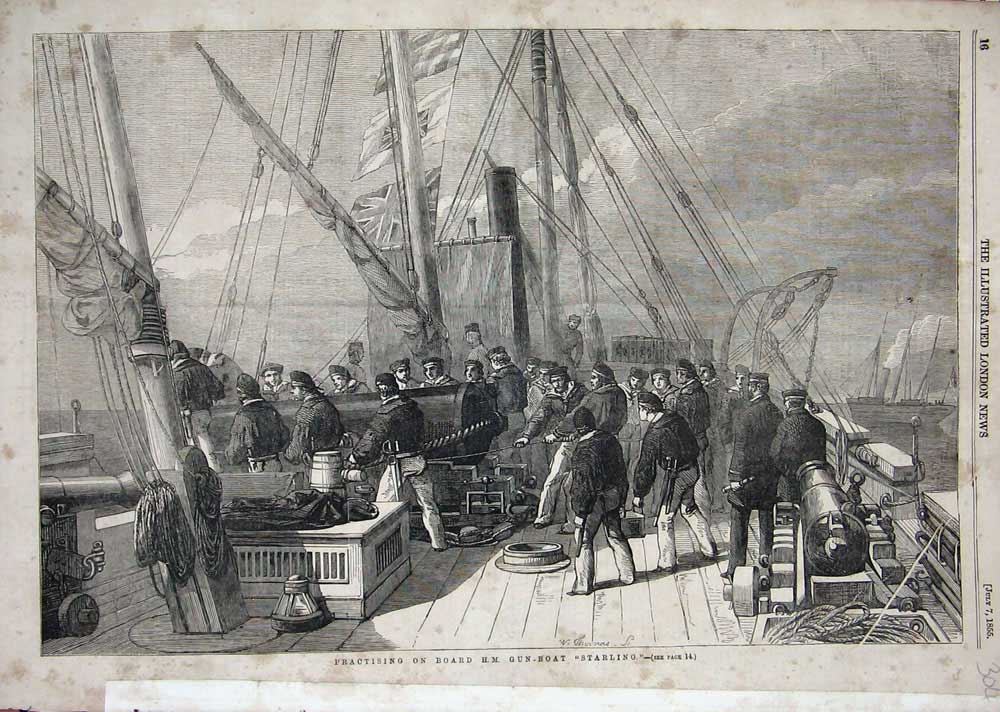 Old Antique Print 1855 Gun Practice H.M. Boat Ship Starling War Sailors 19th