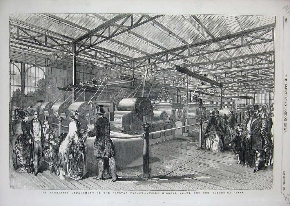 Old Antique Print 1851 Machinery Crystal Palace Hibbert Cotton Machines 19th