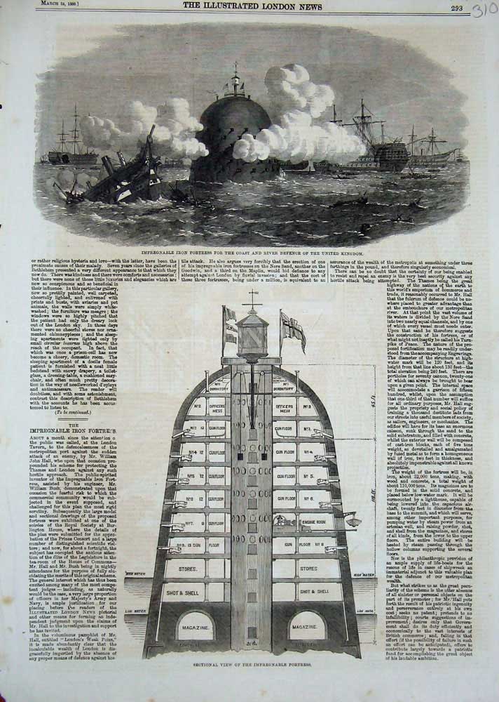 Original Old Antique Print 1860 Impregnable Fortress Plan River Defence Britain