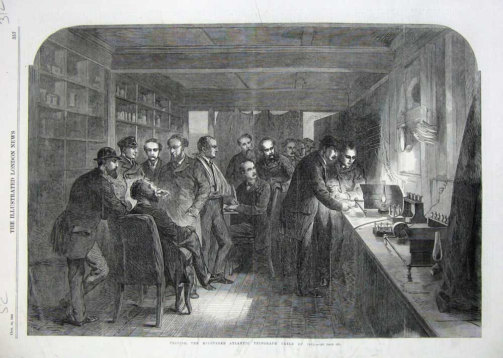 Original Old Antique Print 1866 Testing Recovered Atlantic Telegraph Cable Art