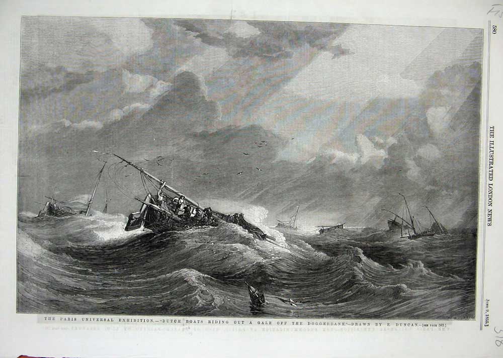 Old Antique Print 1855 Paris Exhibition Dutch Boats Storm Doggerbank Art 19th