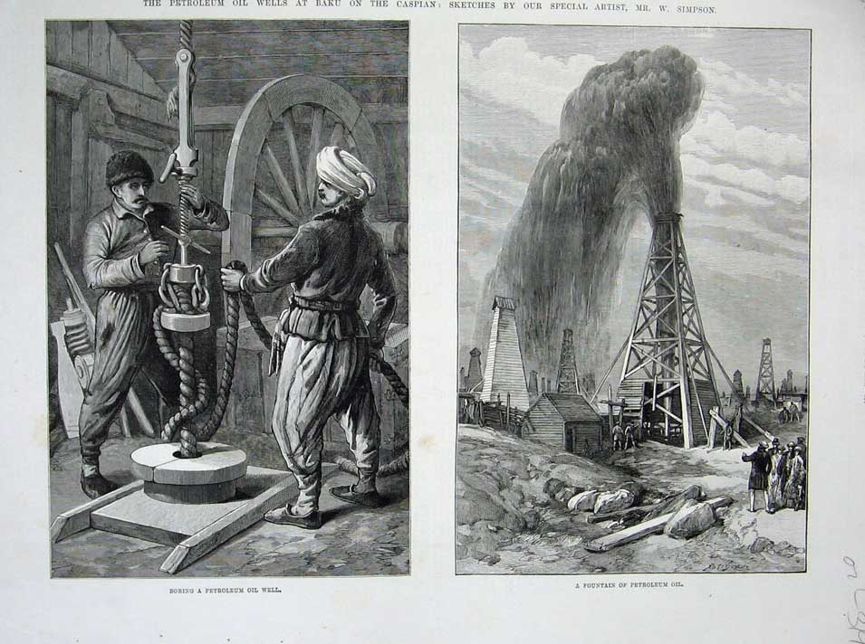 Old Antique Print 1886 Boring Petroleum Oil Well Fountain Machinery Art 19th