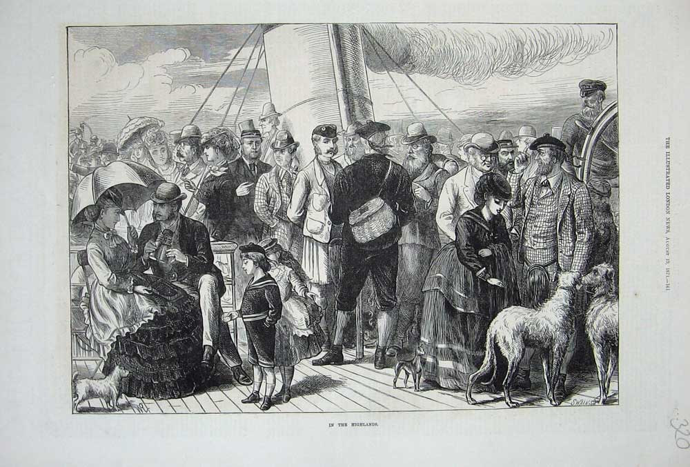 Original Old Antique Print Highlands Scotland Ship Ferry Boat 1871 Dogs People