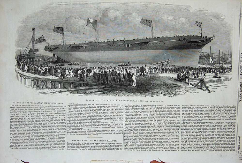 Original Old Antique Print Launch Himalaya Screw Steam Ship Blackwall 1853 Art