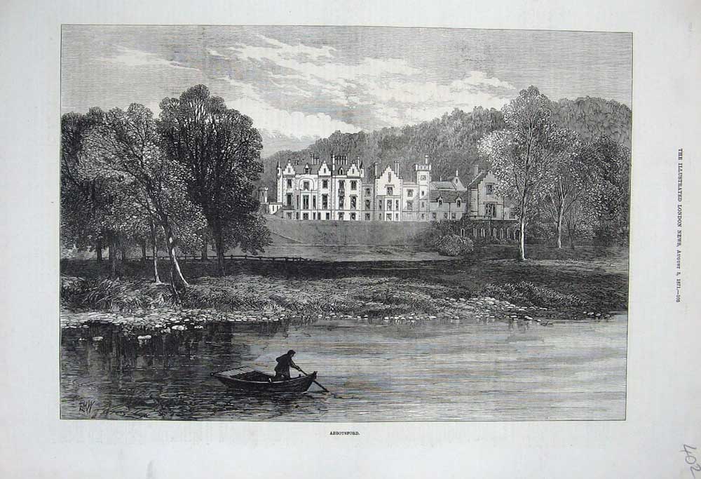 Old Antique Print 1871 View Abbotsford Lake Boat Trees Architecture Art 19th