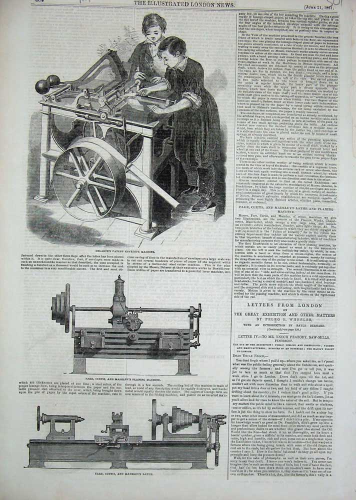 Old Antique Print 1851 Parr Curtis Deley'S Lathe Machine Envelope Planing 19th