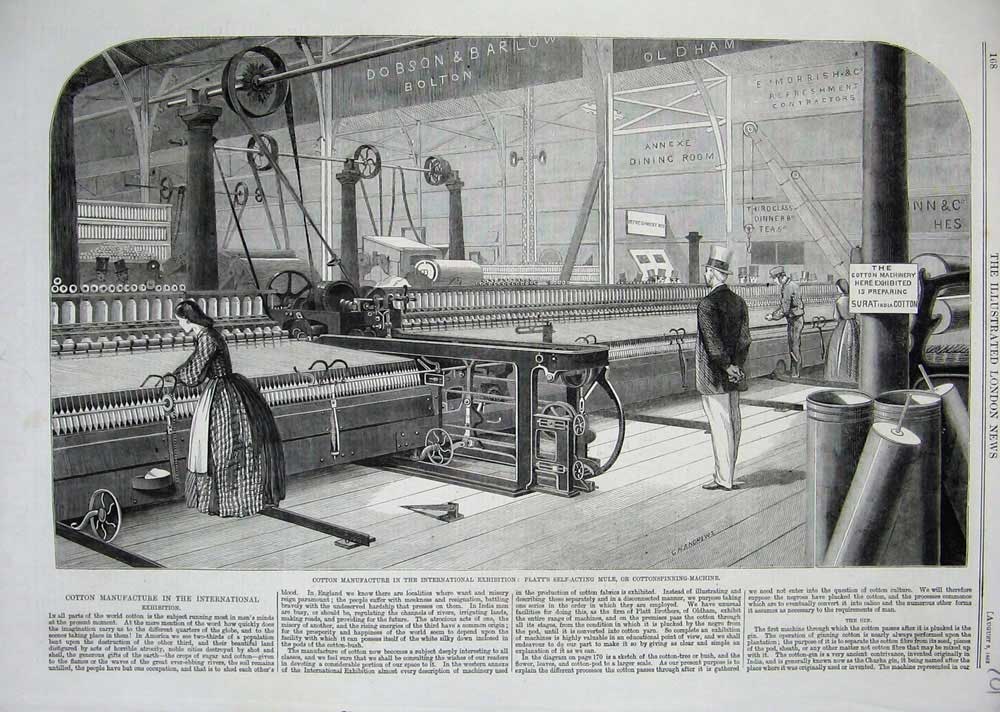 Original Old Antique Print 1862 Cotton Manufacture Spinning Machine Platt 19th