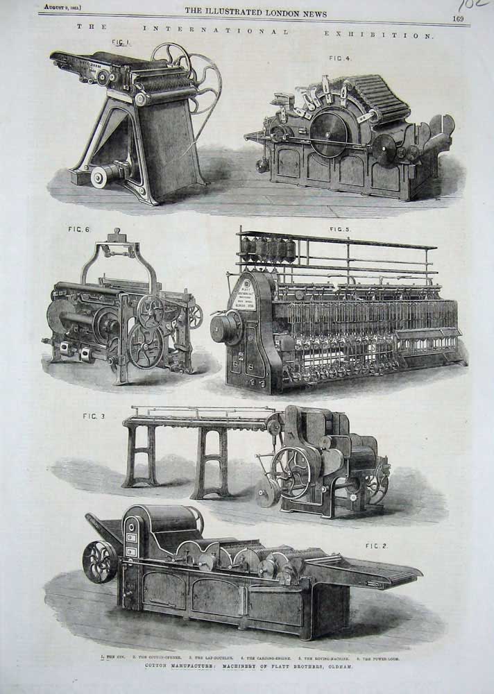 Original Old Antique Print 1862 Cotton Manufacture Machinery Platt ham 19th