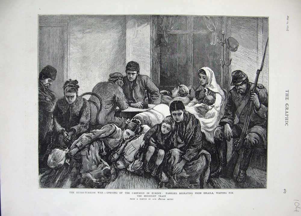 Old Antique Print 1877 Russo-Turkish War Families Migrating Ibraila Train 19th