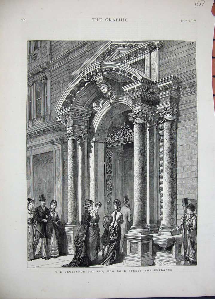 Original Old Antique Print 1877 Grosvenor Gallery New Bond Street London 19th