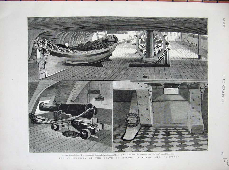 Old Antique Print 1876 State Barge George Iii Nelson Body H.M.S Victory 19th