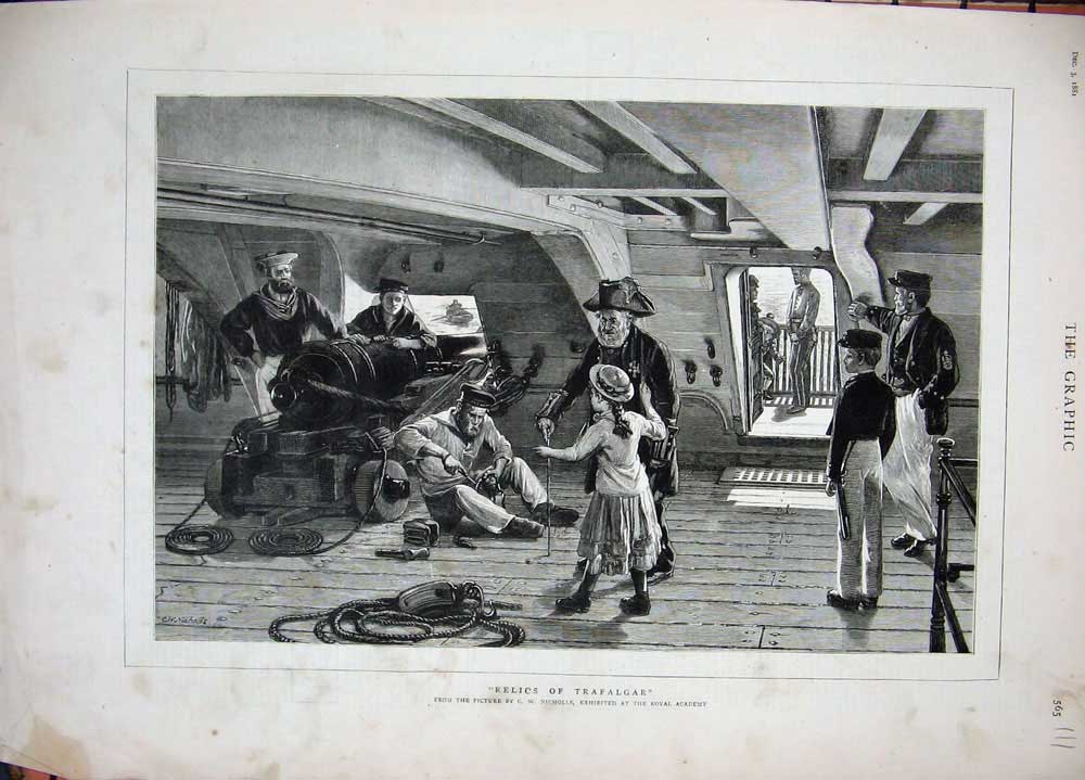 Original Old Antique Print 1881 Traflagar War Ship Navy Sailors Little Girl Art