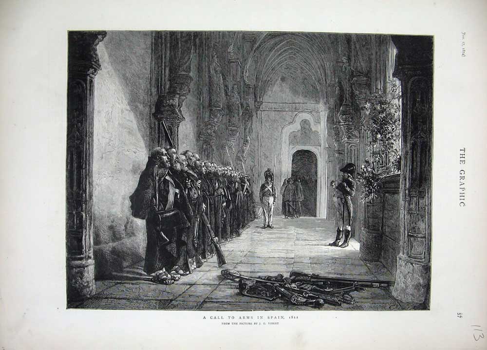 Original Old Antique Print 1874 Siers Army Men Gurads Spain Vibert Fine Art