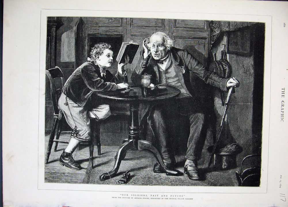 Original Old Antique Print 1879 Crystal Palace Gallery Art Man Young Boy Book